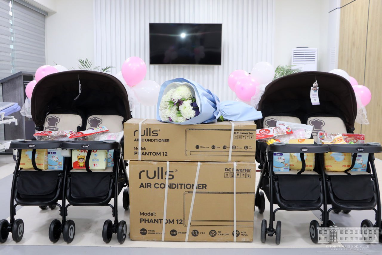 Қаршида дунёга келган 4 эгизак қизалоққа вилоят ҳокимининг эсдалик совғалари топширилди